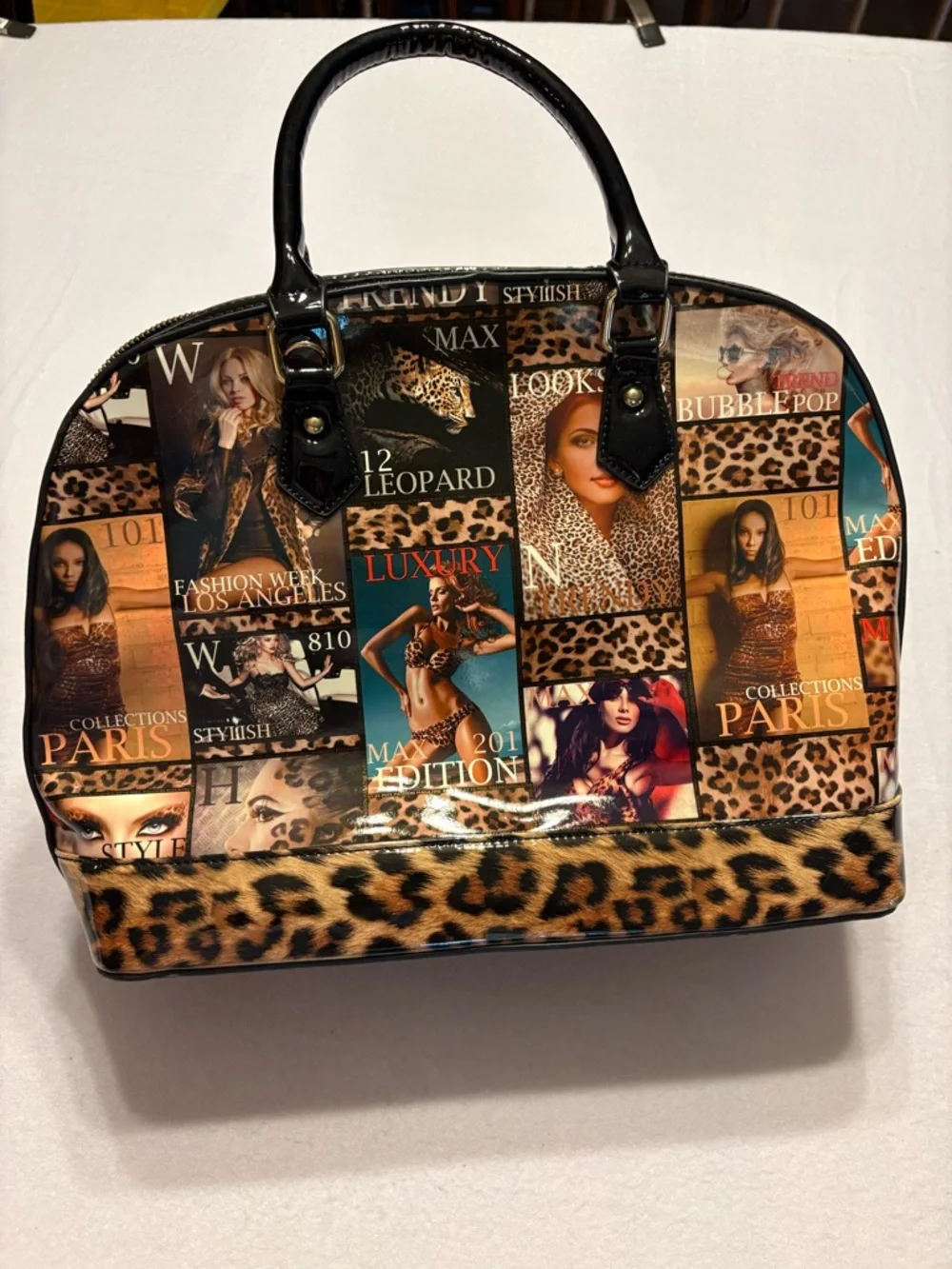 Leopard Print Patchwork Satchel and Wallet/Wristlet Set - Brown